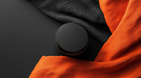 top view of black cosmetic container with orange cloth on black background, mockupの素材