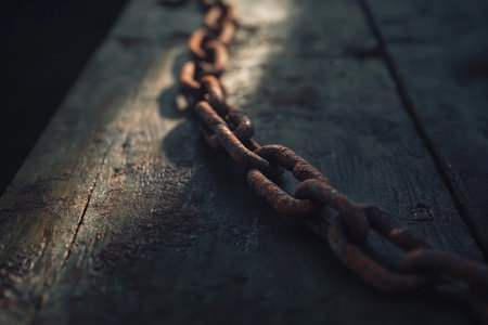 Rusty chain on a wooden background. Selective focus. Toned.の素材