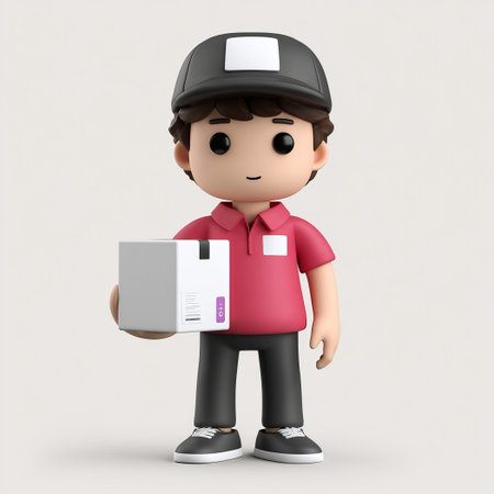 Cartoon delivery boy with package on white background. Cheerful setup for e-commerce or service themes, perfect for modern or friendly designs. Ideal for logistics or playful visuals.の素材