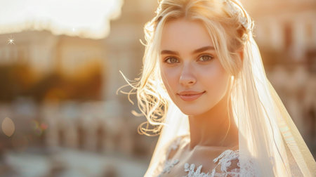 Bride in white dress, veil, stands before Austin at sunset. Close-up shows blonde in gownの素材