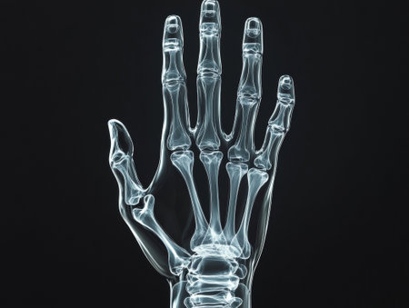 X-ray of human hand with detailed bone structure on dark background. High-resolution anatomical scan showing fingers and wrist bones.の素材