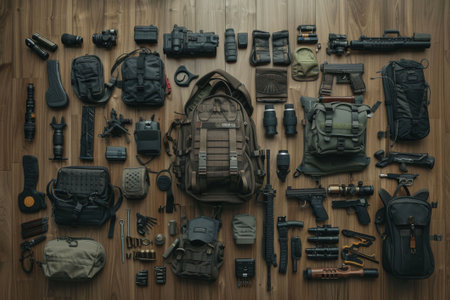 Overhead shot of survival gear, weapons, tools, backpack on wooden table. Organized display suits rugged design needs.の素材