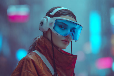 Cyberpunk woman with futuristic goggles. Ideal for sci-fi art or tech designs. Adds neon, bold vibe to digital creations.の素材