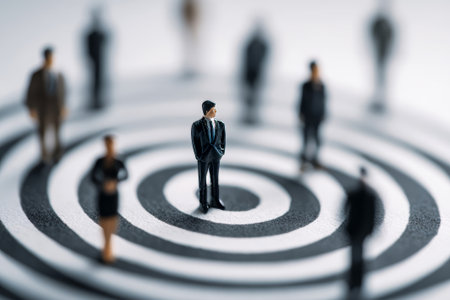 Group of figures in rings around a central leader. Symbol of authority, organization, strategy and influence.の素材