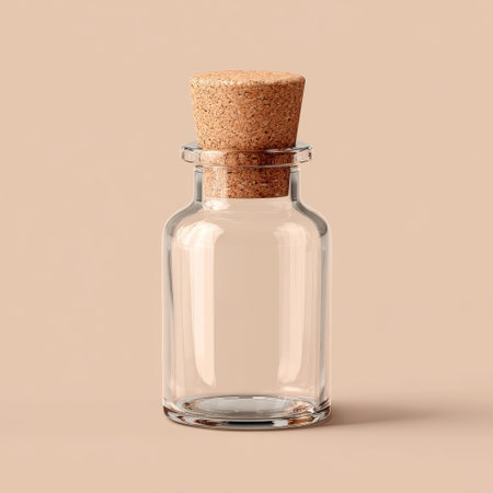 Glass bottle with cork on white background. Empty container for potion or oil design. Perfect for vintage or craft product display.の素材