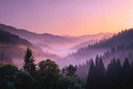 Pink mountain range at sunset with bright sun and fog. Great for posters or creative projects, this tranquil scene enchants.の素材