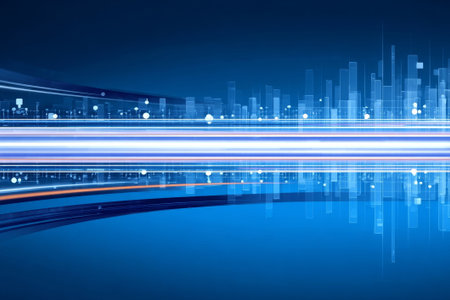 Digital abstract lines on blue background. This sleek design features dynamic patterns for news or tech visuals.の素材