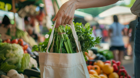 Organic greens in reusable bag at farmers market. Ideal for eco friendly content or wellness articles. Brings fresh, earthy feel to cooking sites.の素材