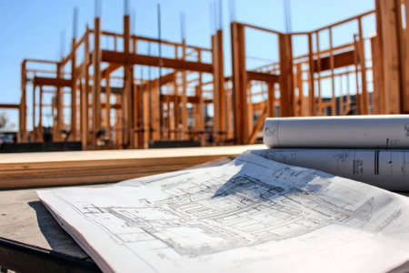 Home design plan with new house exterior. Perfect for construction or housing ads. Brings clean, structured feel to architectural visuals.の素材