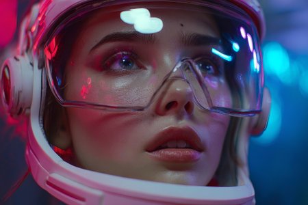 Futuristic female with neon goggles. Perfect for cyber art or gaming visuals. Brings vibrant, edgy feel to sci-fi projects.の素材