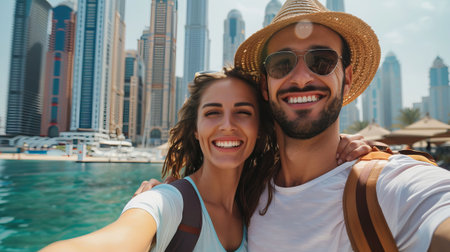 Attractive couple selfies in Dubai, smiling with backpacks. City architecture glows in this happy vacation scene.の素材