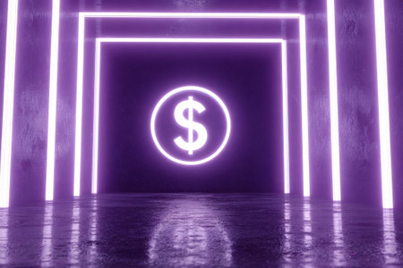 Neon glowing dollar sign in the dark room, 3d renderingの素材