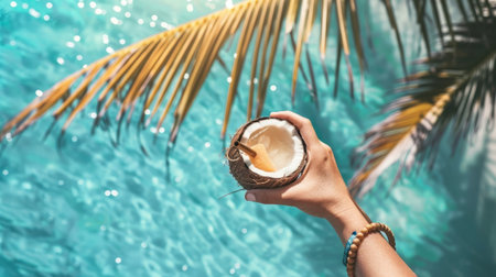 Coconut drink with orange slice on tropical beach. Refreshing summer vibe with clear blue water and palm leaves in background.の素材