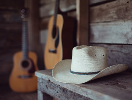 Cowboy hat on wooden table with guitars in background. Rustic country style with straw hat and musical vibe.の素材