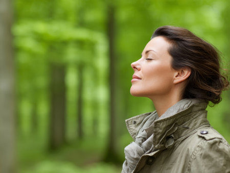 Woman in green sweater with red hair, eyes closed in nature, misty mountain view. Peaceful image highlights calm and beauty of outdoor escape.の素材