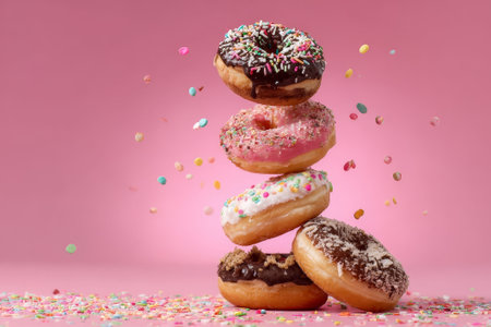 delicious donuts with icing and sprinkles falling on pink backgroundの素材