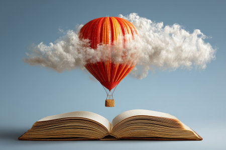 Open book with red hot air balloon flying above clouds on blue backgroundの素材