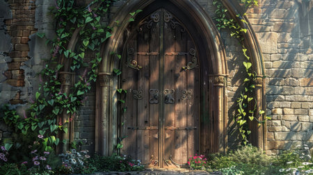 Wooden gothic door with ivy, flowers, stone wall, arched windows, bathed in natural sunlight.の素材