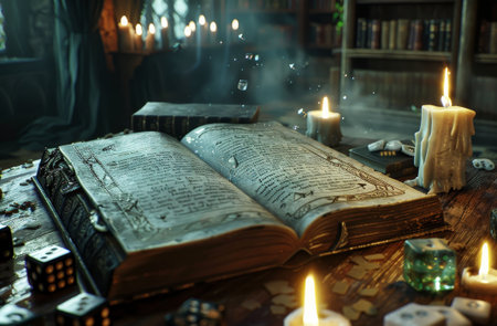Open book, dice, glowing crystal cube, medieval library, candles, fantasy cinematic style.の素材