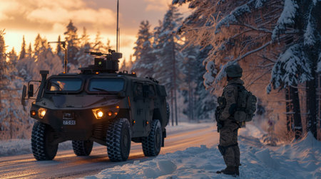 Soldier beside armored vehicle, road setting. Winter forest in evening light adds a cold, military vibe.の素材