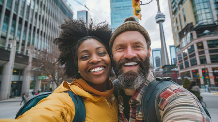 Selfie of joyful couple in Toronto, wearing backpacks, smiling. Urban Toronto background enhances the cheerful vibe.の素材