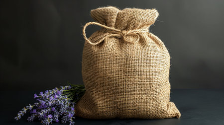 Lavender bouquet in jute bag, dark background, copy space, rustic design. Simple style offers natural charm.の素材