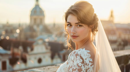 White lace bride, veil, Antwerp skyline at sunset, balcony wedding shot, stunning look. Art design radiates elegance.の素材