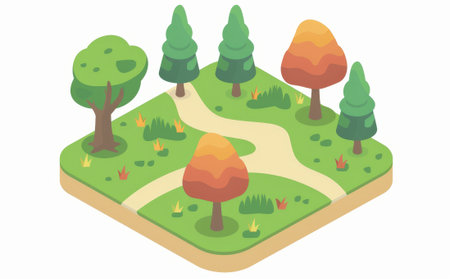 Isometric forest, trees, path, flat design, white background, simple colors, lines. Minimal style suits clean illustration.の素材