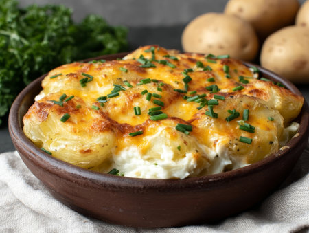 Cheesy potato casserole in clay bowl. Warm setup for comfort food or dinner themes, perfect for hearty or homemade designs. Ideal for kitchen or cozy visuals.の素材