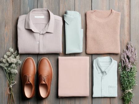 Flat lay composition with stylish male clothes and flowers on wooden backgroundの素材