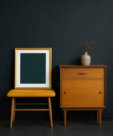 Wooden chest of drawers and a vase on a black wallの素材
