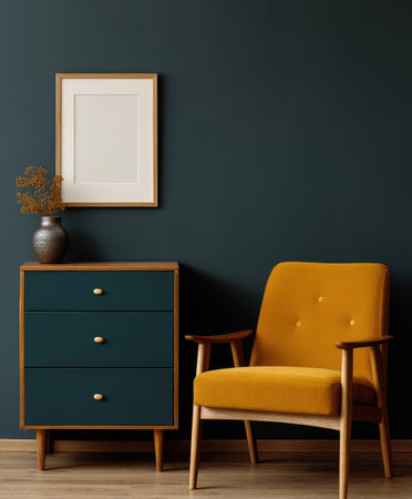 Interior of modern living room with yellow armchair and wooden chest of drawersの素材