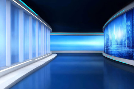 Futuristic interior with blue walls and floor, 3d renderの素材