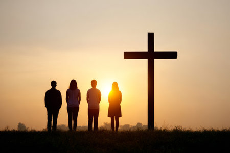 Christian cross silhouette with figures gathered around. Spiritual scene depicts faith and unity under soft evening sky, perfect for religious or inspirational visuals. Ideal for worship or divine themes.の素材