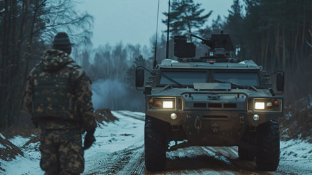 Light armored vehicle with guns, headlights, soldier in camo behind it. Dirt road near winter forest in evening light builds atmosphere.の素材