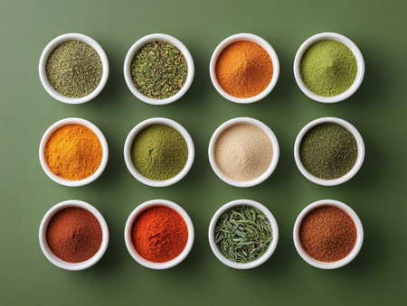 Assortment of spices in ceramic bowls on green background, top viewの素材