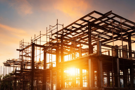 Construction site with steel frame at sunset. Ideal for architecture projects or building industry ads. Adds warm, industrial vibe to design portfolios.の素材