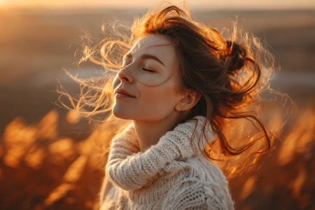 Beautiful woman enjoying autumn breeze. This elegant girl in a knit sweater savors the crisp air. Great for nature or seasonal photos.の素材
