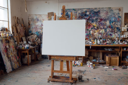 Art room with blank canvas on easel. Ideal for creative art or painting lessons. Rustic workspace with art materials.の素材