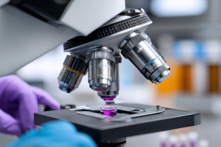 Scientist working with microscope in laboratory. Biochemistry, pharmaceutical research and development concept.の素材