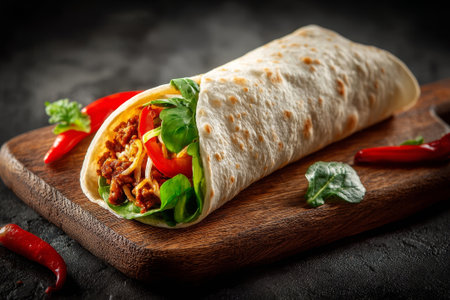 Tortilla wrap with meat, vegetables and herbs on dark backgroundの素材