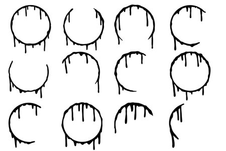 Black drip circles on clean white base. Unique style for artistic or graphic use.のイラスト素材