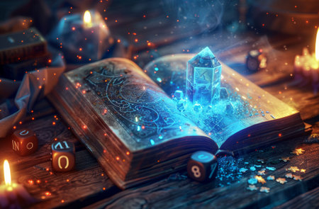 DnD open book, glowing blue crystal, dice, table, fantasy magic symbols scene.の素材