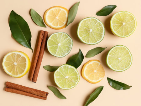 Lemon and lime slices, cinnamon sticks and leaves on beige backgroundの素材