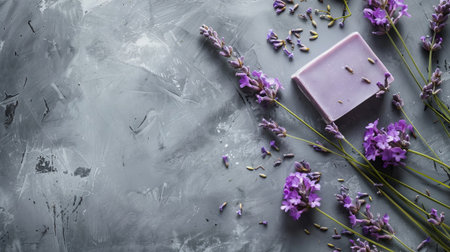 Lavender soap with purple blooms on textured gray backdrop. Soothing layout for skincare or meditation concepts. Perfect for organic or nature visuals.の素材