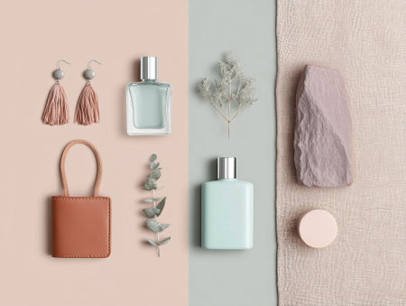 Flat lay composition with stylish female perfume and accessories on color backgroundの素材