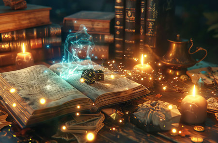 DnD game, dice, d20 on open book, glowing energy, old books, candles on table.の素材