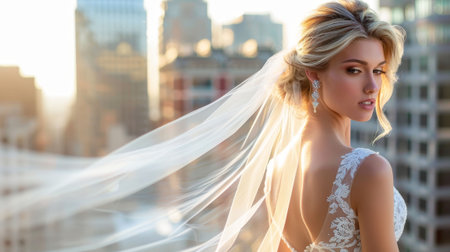 Beautiful bride in white dress, veil, against Columbus backdrop. Blonde in luxurious gown shines with cityscape behind.の素材