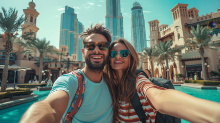 Selfie of happy couple, backpacks, Dubai cityscape, Arabian palace, bright design. Travel art glows with cheerful vibe.の素材