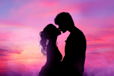 Romantic couple silhouette kisses against pink horizon. Passionate embrace shines with sunset colors. Great for love stories or valentines art.の素材